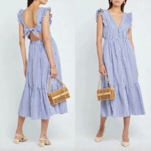 O.P.T. Women's Stella Stripped Tiered Ruffle Midi Dress‎ Tie Back Cutout Size S